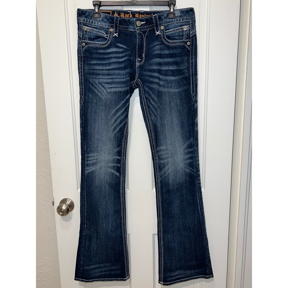 Rock Revival Stephan Dark Wash Bootcut Jeans Fleur De Lis Flap Pocket Size 31
